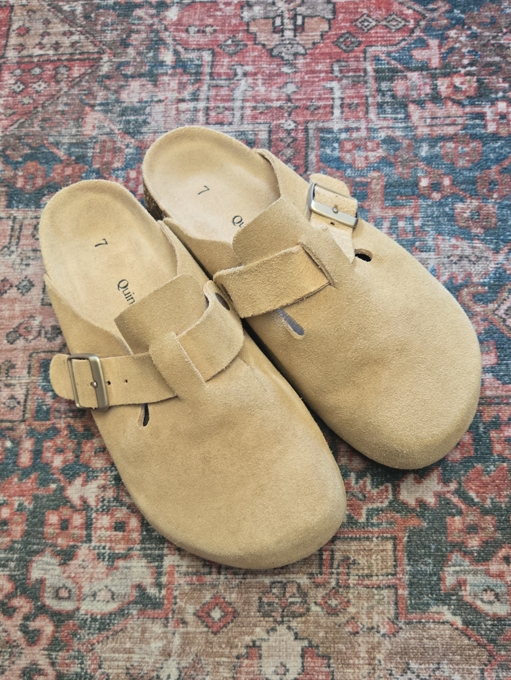Quince Tan Suede Buckle Clogs Mules 7 Slip On Soft Footbed